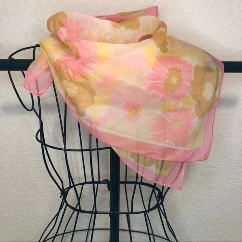 Vintage sheer square pink & yellow floral scarf 24.5”